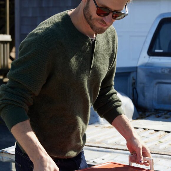 Outerknown Shelter Waffle Henley Sweater in Olive - Picture 3 of 16